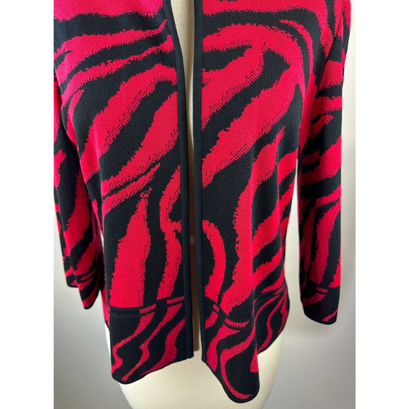 Ming Wang Open Front Knit Cardigan Jacket Red & Black Animal Print Tiger PM - Picture 5 of 16
